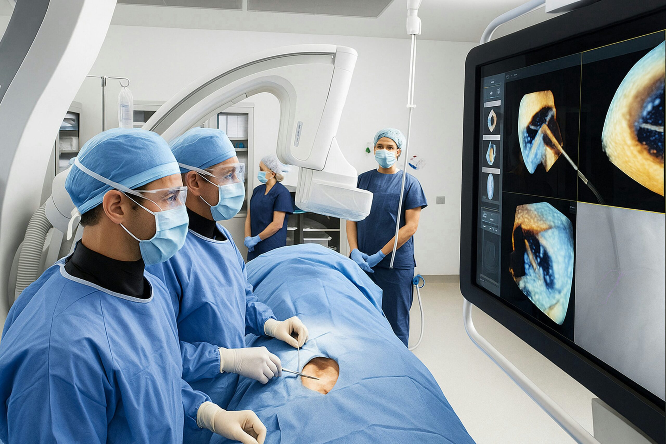 surgeons in blue scrubs looking at image from tiny camera in patients body