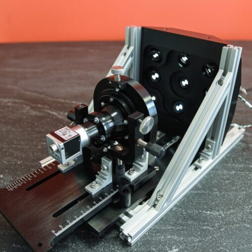 Figure 1 - Custom test and align station for an underwater camera. This fixture allows Optikos to compensate field tilt during camera integration, set focus, and test and  record full-field performance in one operation.  